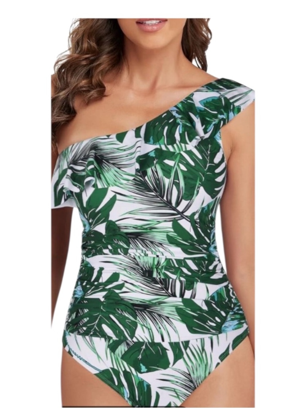 Hilor Women’s One Shoulder Ruffle Monokini Tropical Print Swim Suit, Size 10